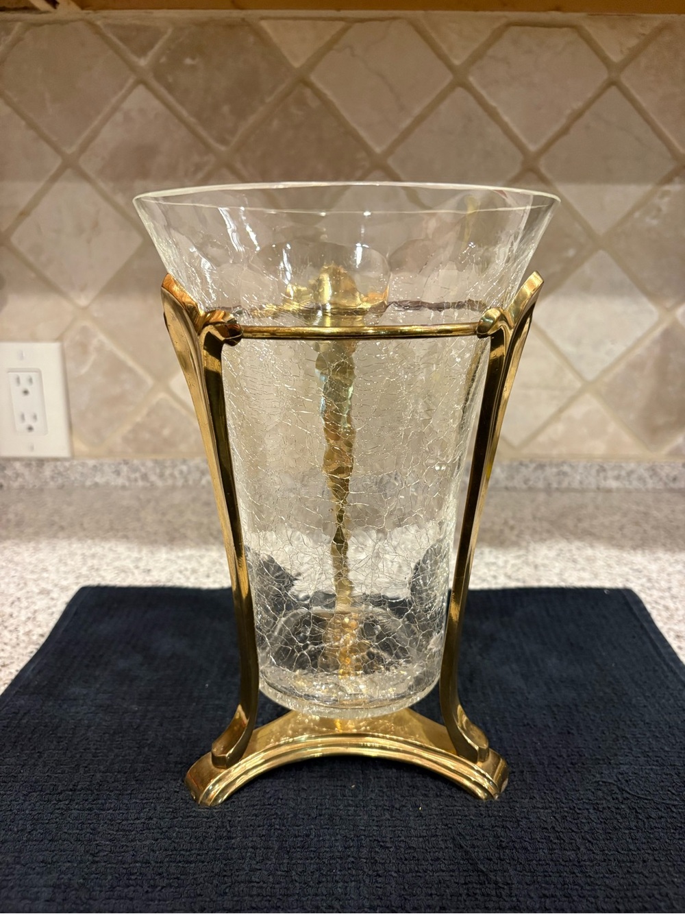 Vtg  Dessau Lacquered Solid Brass crackle glass vase India